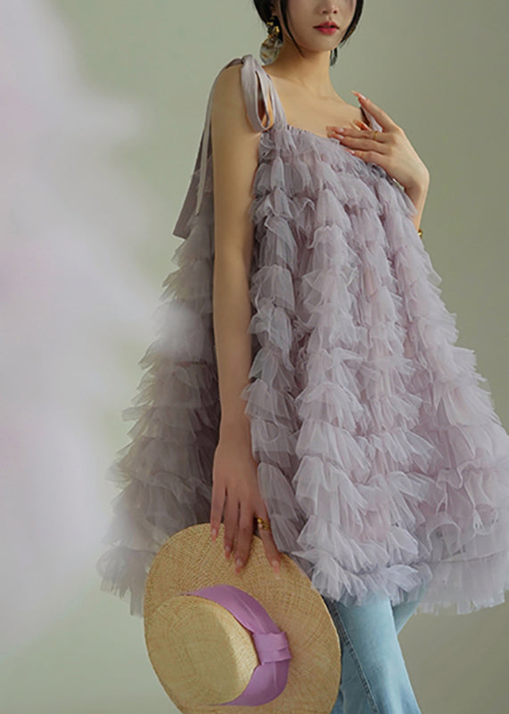 Beautiful Purple Slash Neck Tulle Mid Spaghetti Strap Dress Sleeveless