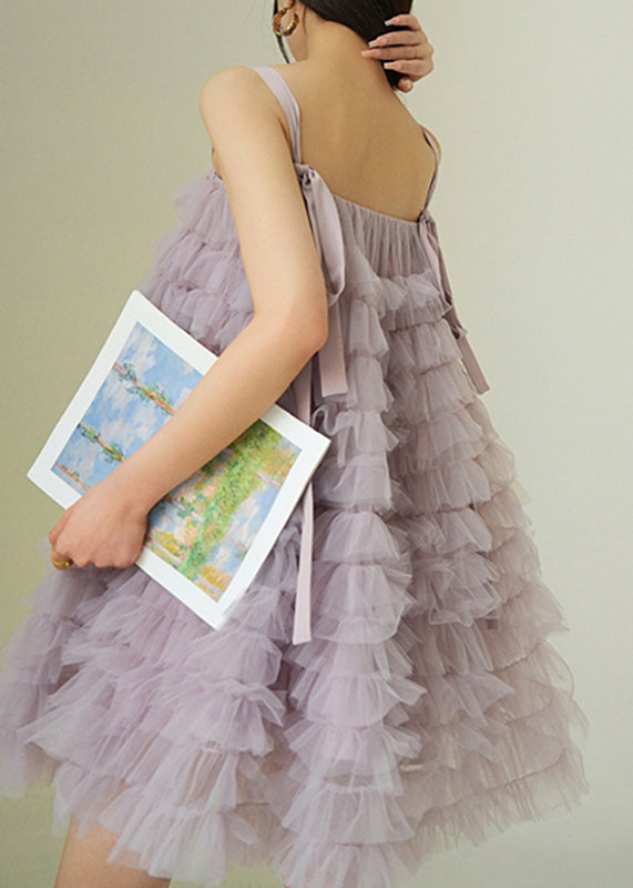 Beautiful Purple Slash Neck Tulle Mid Spaghetti Strap Dress Sleeveless