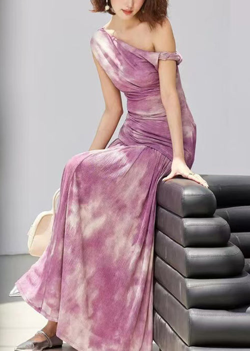 Beautiful Purple Tie Dye Wrinkled Tulle Two Pieces Set Sleeveless