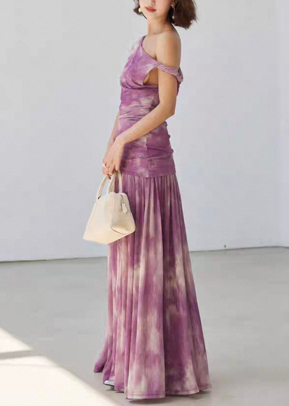 Beautiful Purple Tie Dye Wrinkled Tulle Two Pieces Set Sleeveless