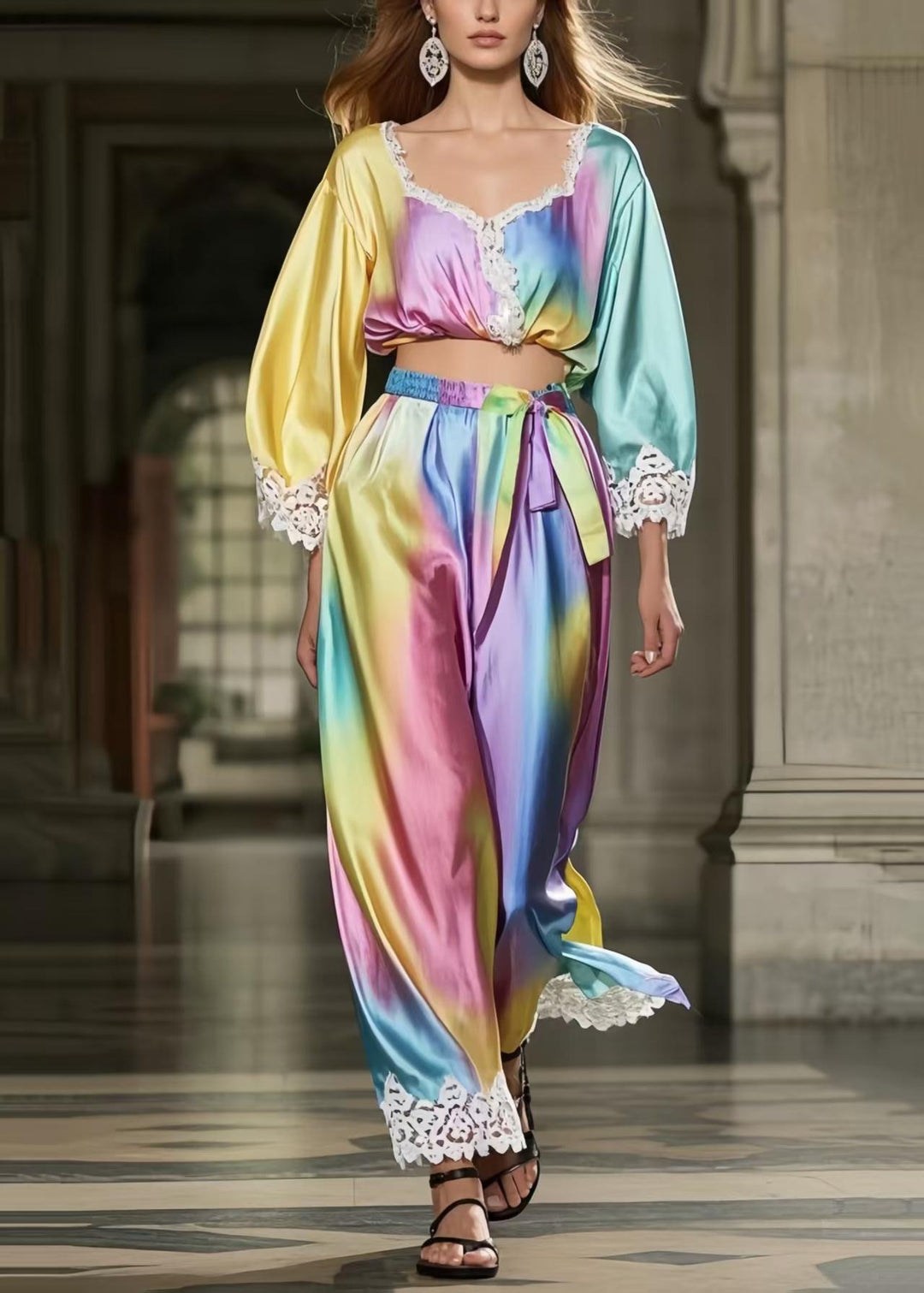 Beautiful Rainbow Tie Dye Patchwork Lace Silk Two Piece Suit Set Spring