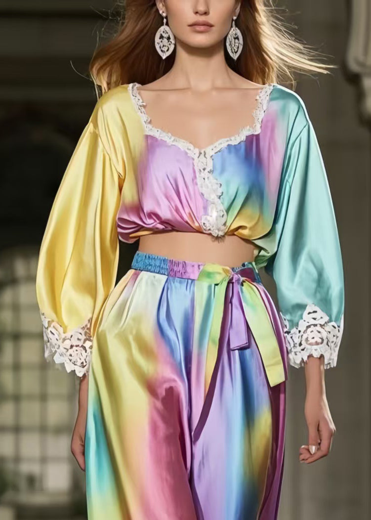 Beautiful Rainbow Tie Dye Patchwork Lace Silk Two Piece Suit Set Spring