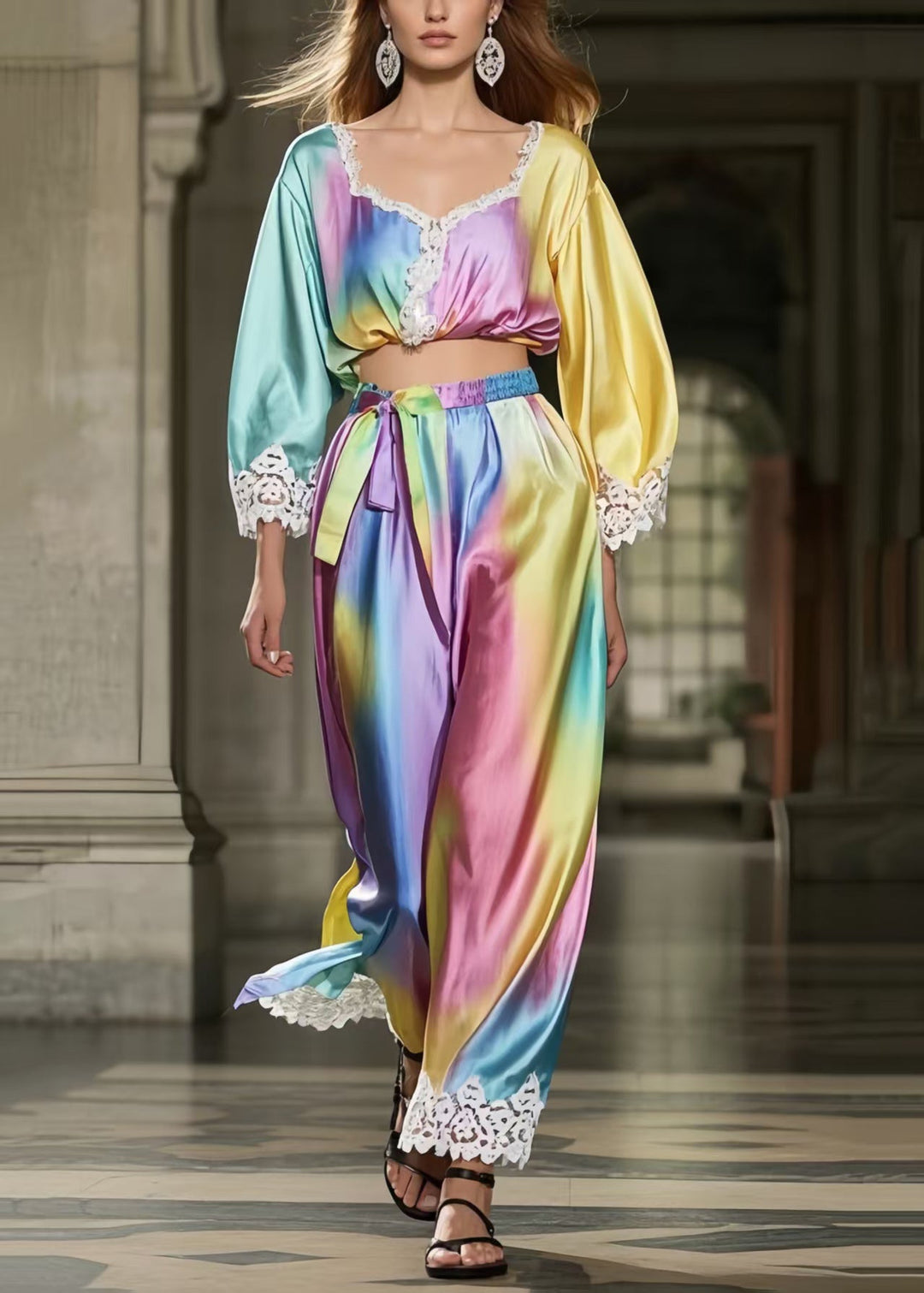 Beautiful Rainbow Tie Dye Patchwork Lace Silk Two Piece Suit Set Spring