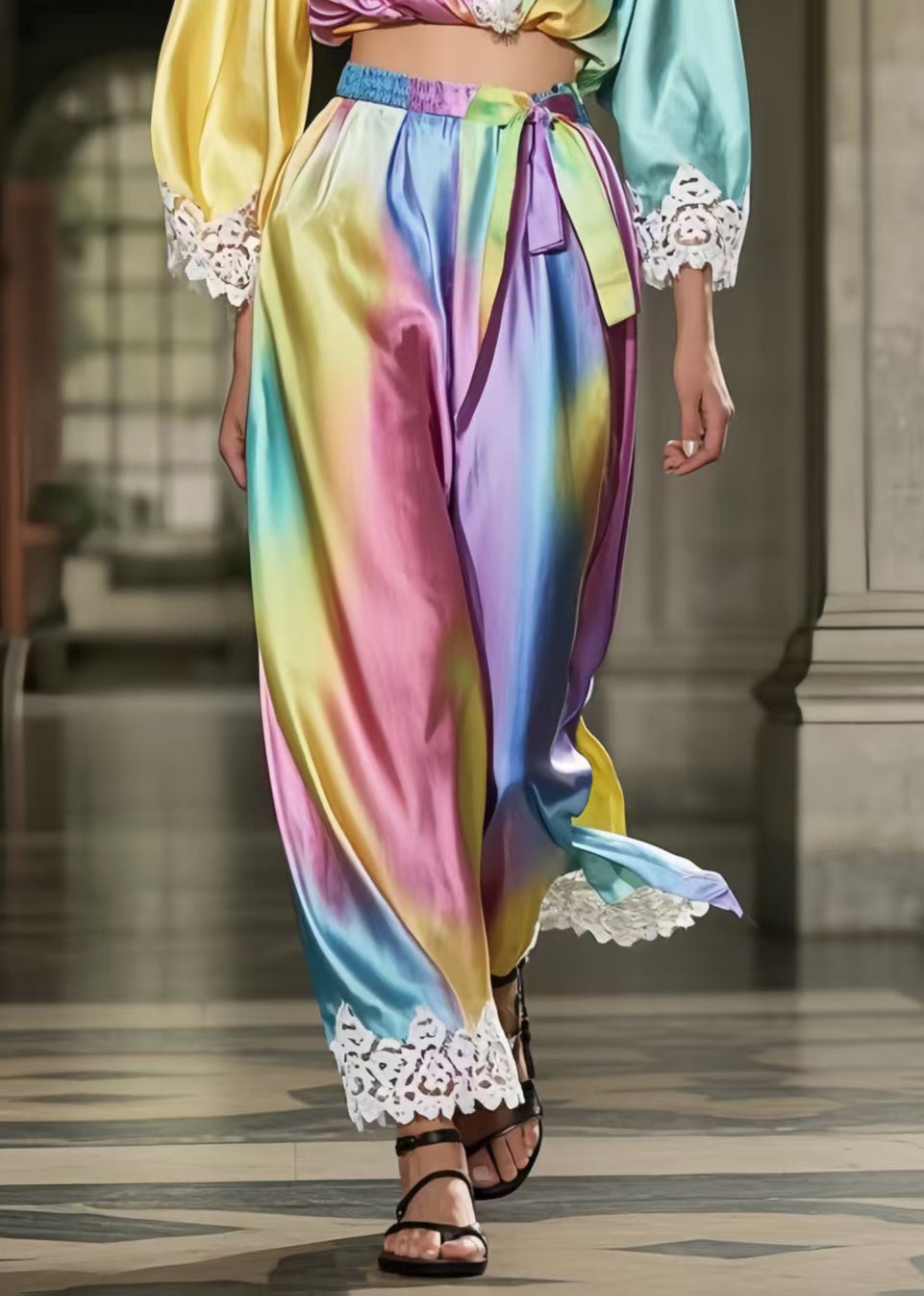 Beautiful Rainbow Tie Dye Patchwork Lace Silk Two Piece Suit Set Spring