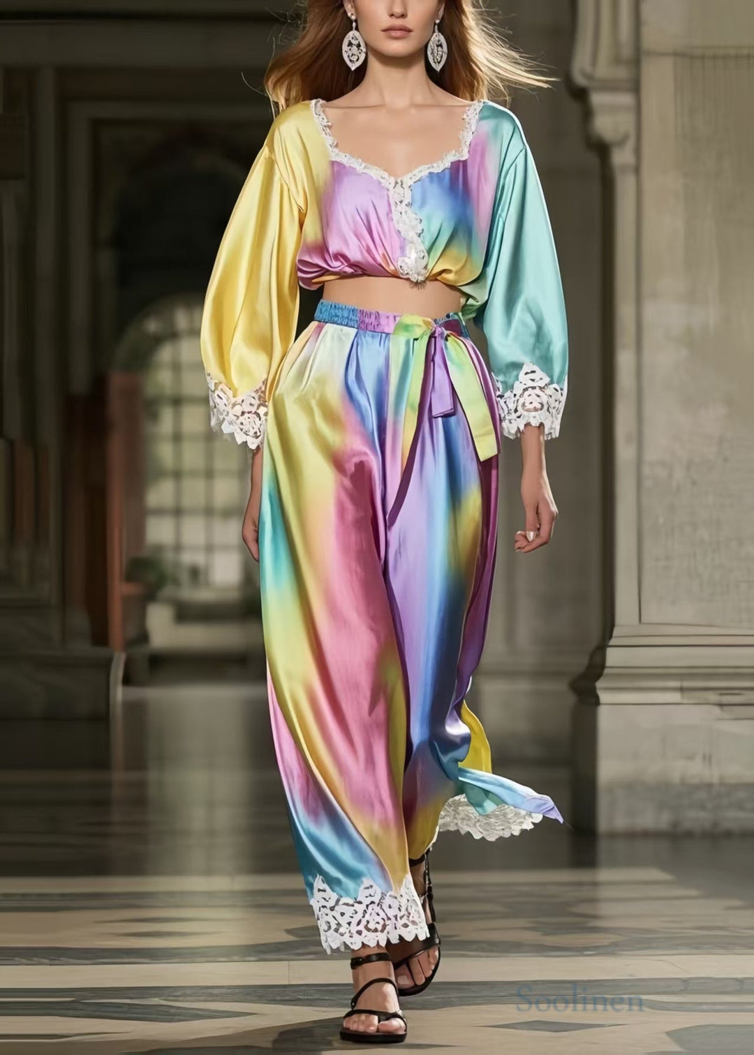 Beautiful Rainbow Tie Dye Patchwork Lace Silk Two Piece Suit Set Spring