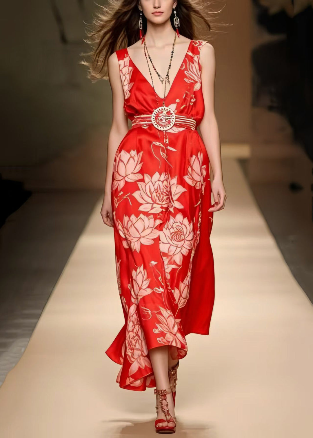 Beautiful Red Cinched Print Silk Cami Dresses Summer