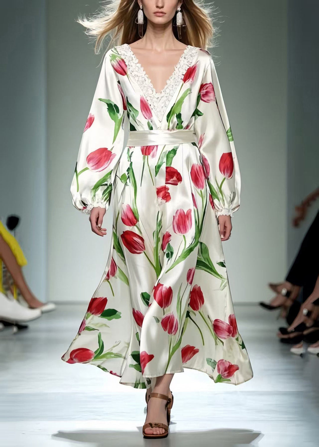 Beautiful Red Floral Silk Dress Exra Large Hem Spring