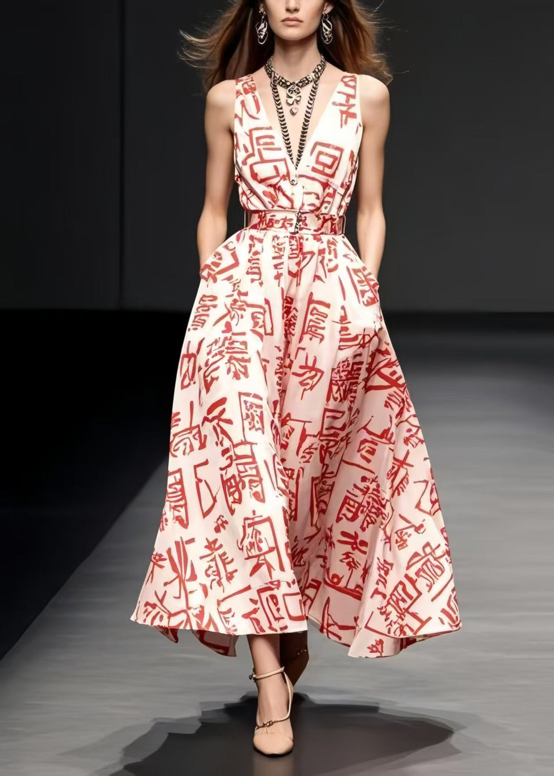 Beautiful Red Print Silk Sundress Exra Large Hem Summer