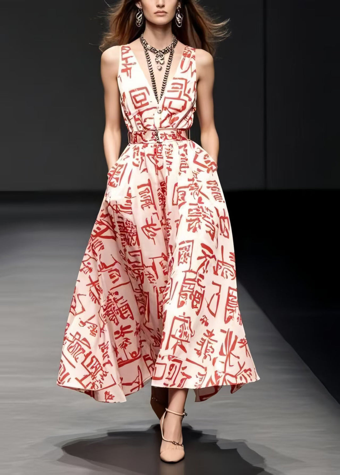 Beautiful Red Print Silk Sundress Exra Large Hem Summer