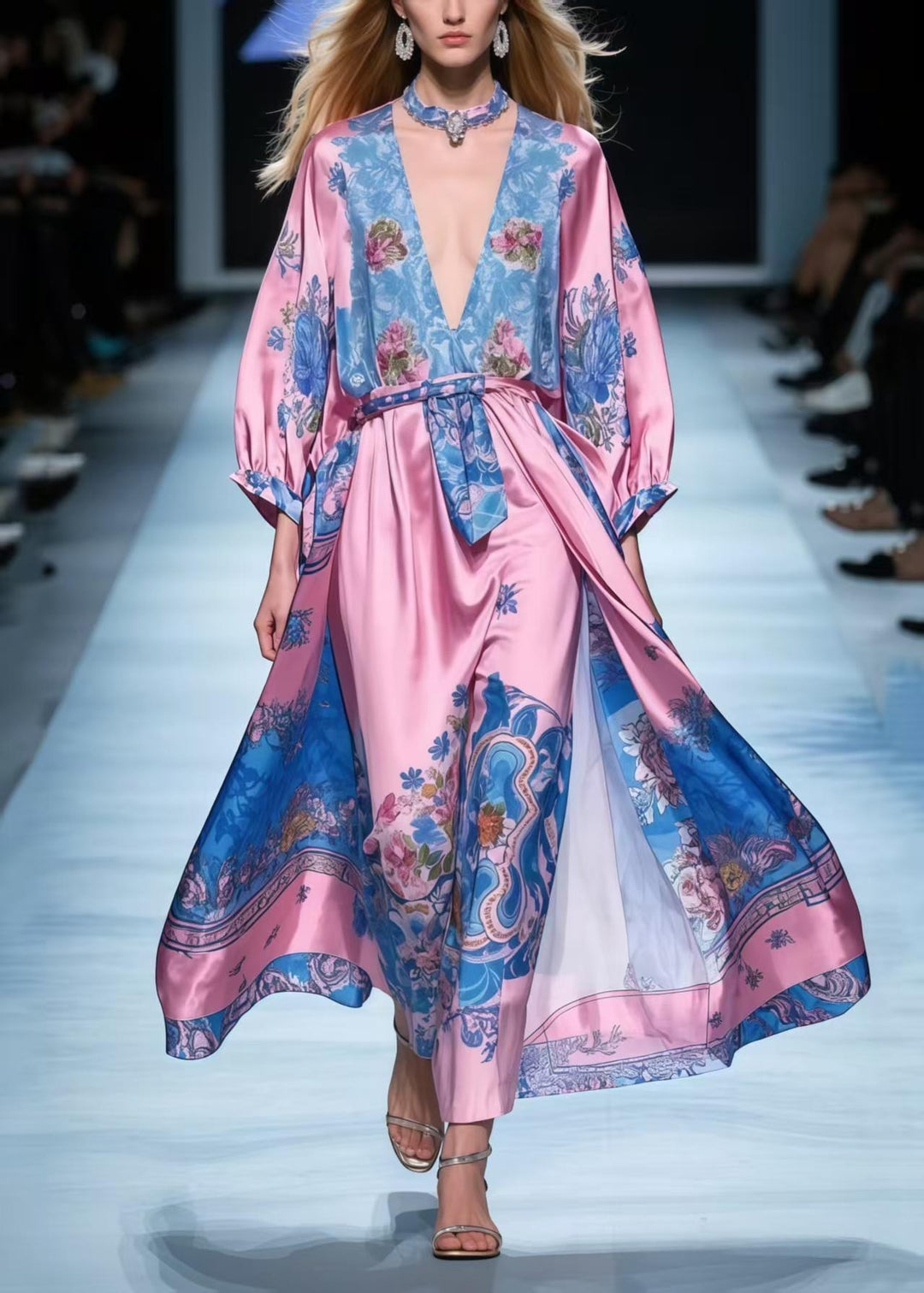 Beautiful Rose V Neck Print Silk Maxi Dresses Spring