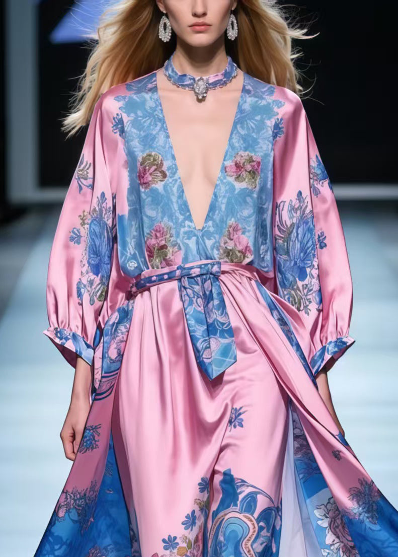 Beautiful Rose V Neck Print Silk Maxi Dresses Spring