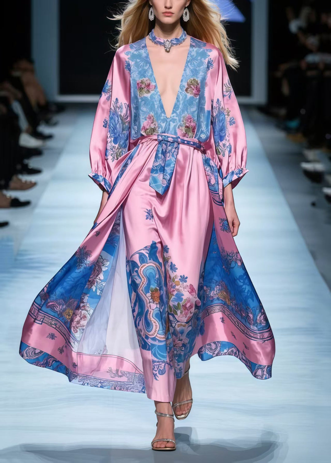 Beautiful Rose V Neck Print Silk Maxi Dresses Spring