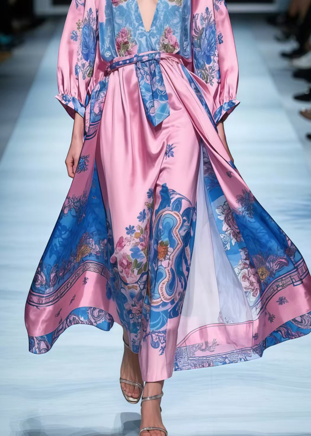 Beautiful Rose V Neck Print Silk Maxi Dresses Spring