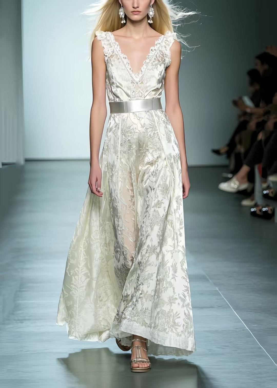 Beautiful White Cinched Jacquard Silk Dinner Dress Summer