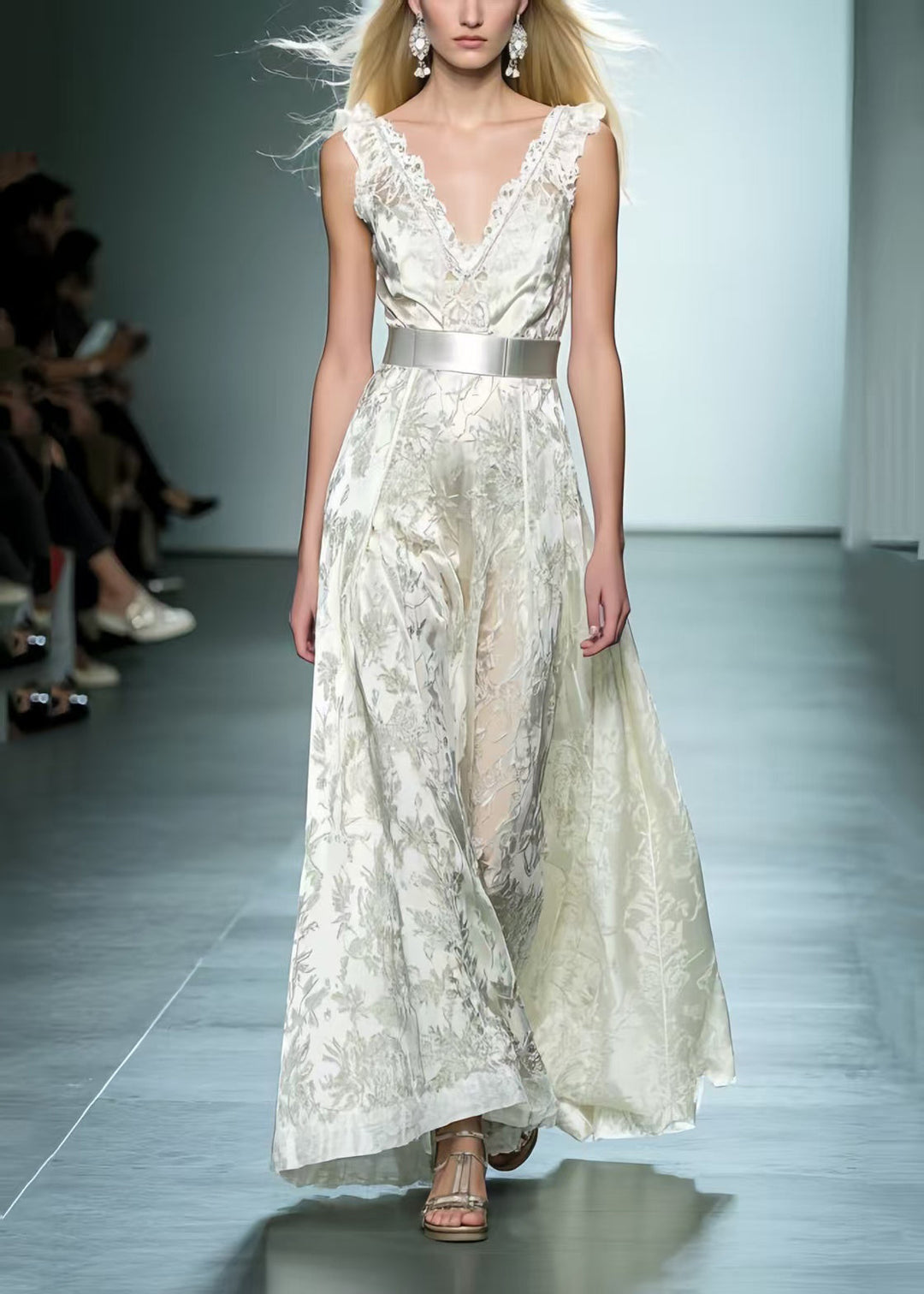 Beautiful White Cinched Jacquard Silk Dinner Dress Summer