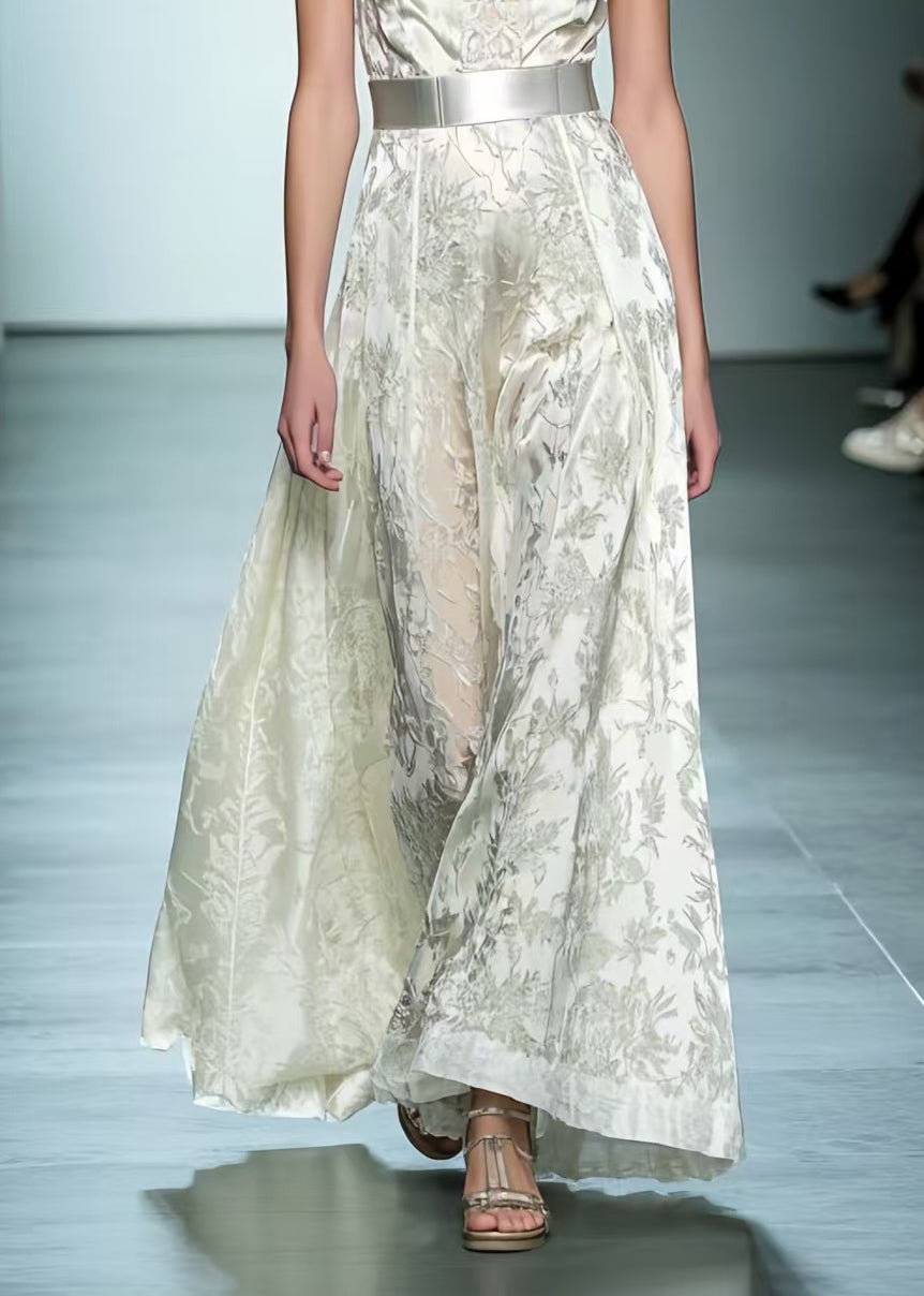 Beautiful White Cinched Jacquard Silk Dinner Dress Summer