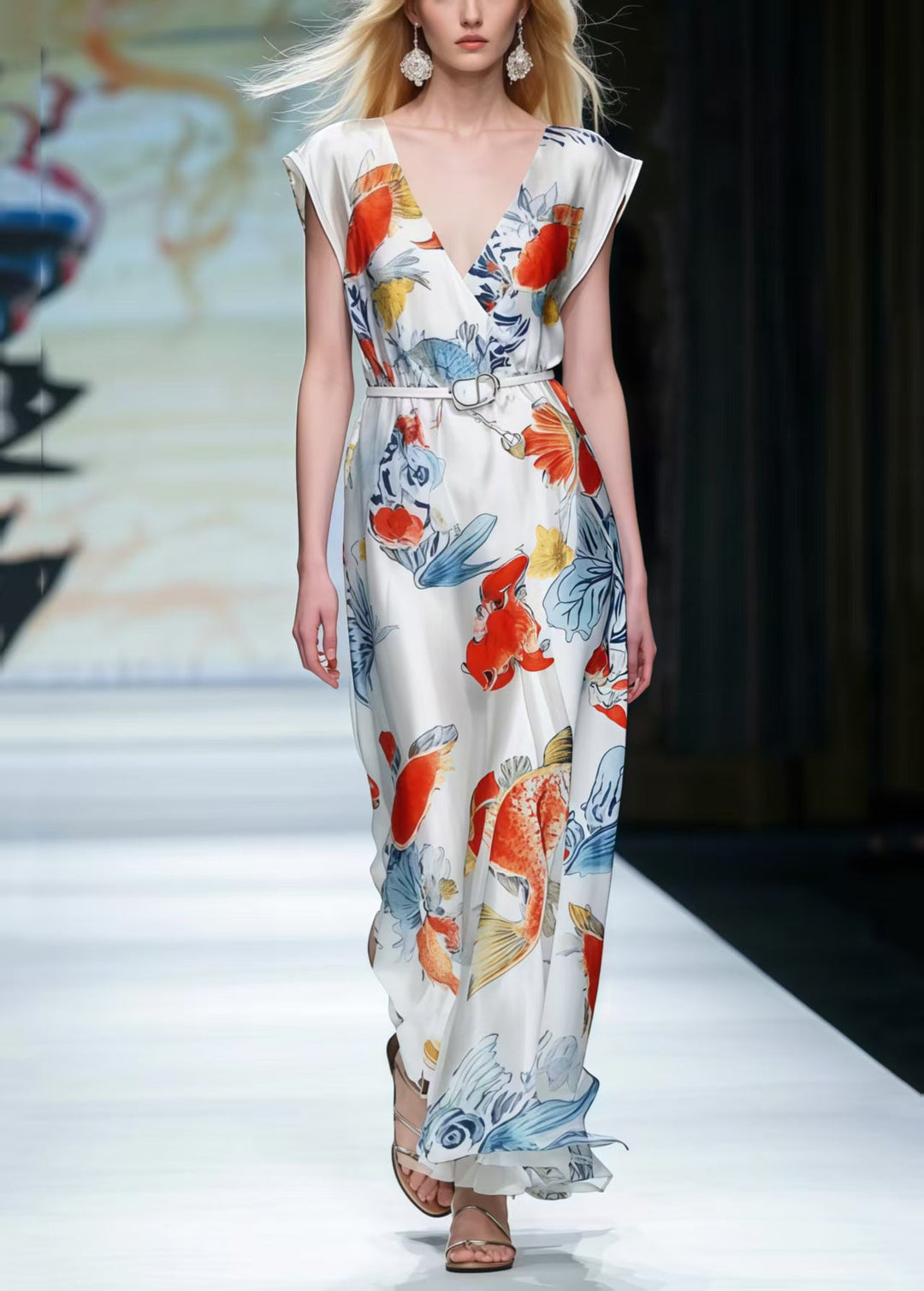 Beautiful White V Neck Print Silk Tunic Dresses Summer