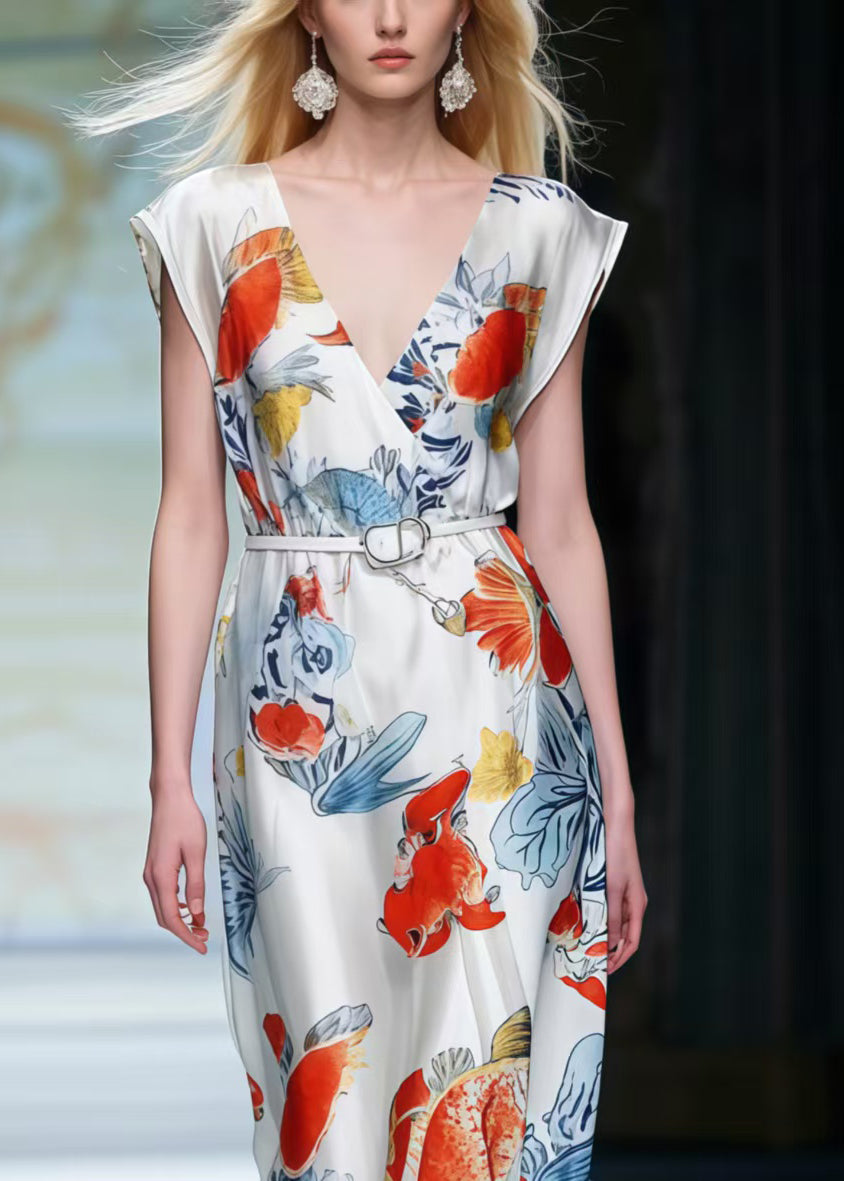 Beautiful White V Neck Print Silk Tunic Dresses Summer