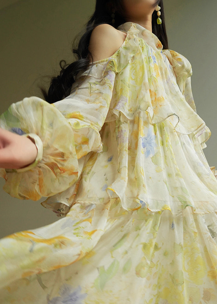 Beautiful Yellow Turtleneck Cold Shoulder Party Maxi Cake Dress Fall