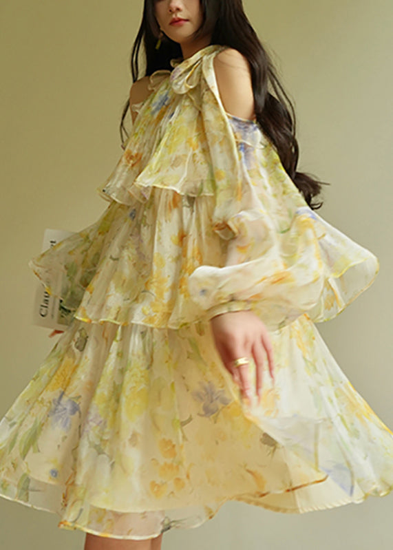 Beautiful Yellow Turtleneck Cold Shoulder Party Maxi Cake Dress Fall