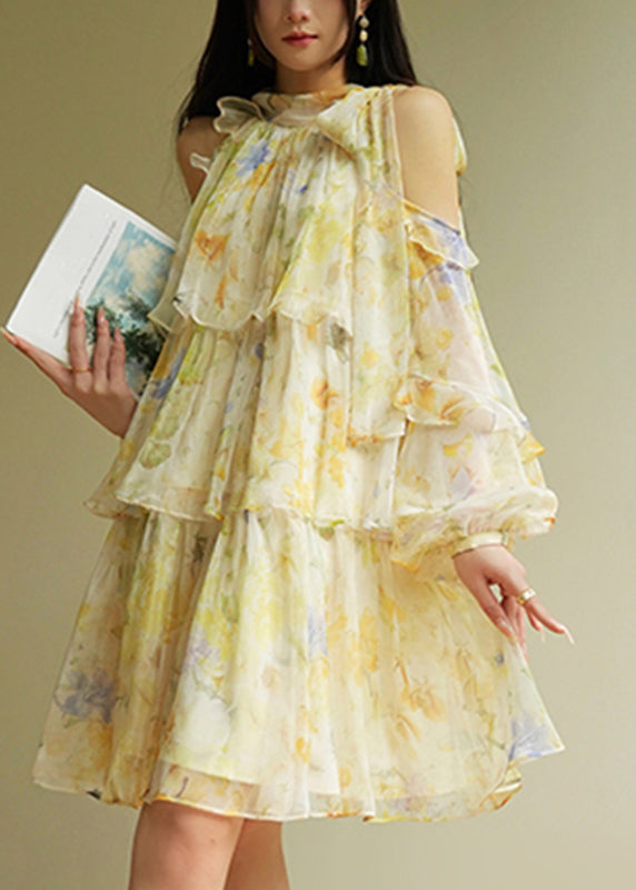 Beautiful Yellow Turtleneck Cold Shoulder Party Maxi Cake Dress Fall