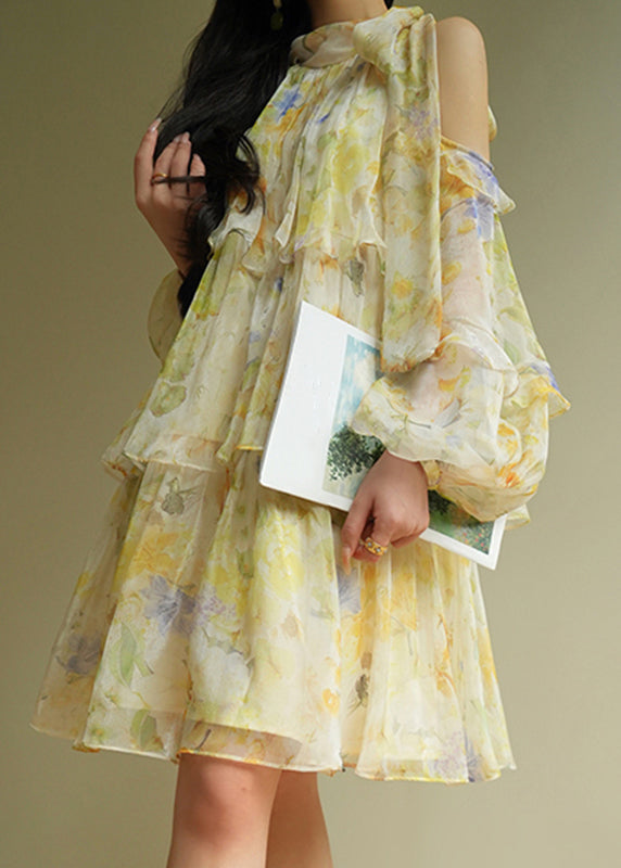 Beautiful Yellow Turtleneck Cold Shoulder Party Maxi Cake Dress Fall