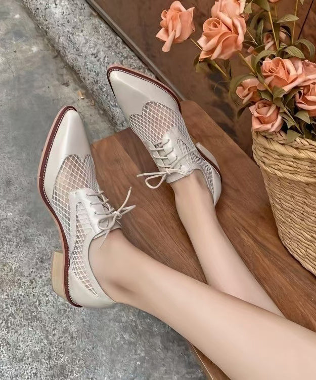 Beige Hollow Out Lace Up Splicing Chunky Shoes Pointed Toe