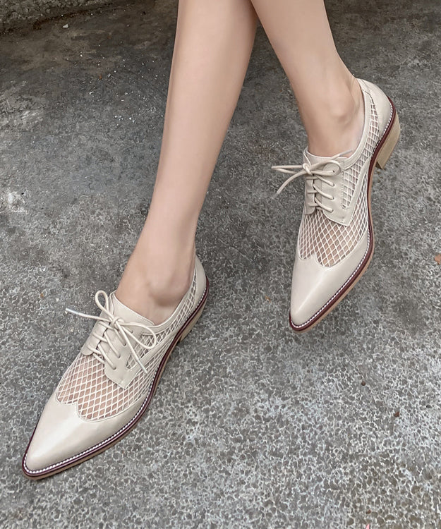 Beige Hollow Out Lace Up Splicing Chunky Shoes Pointed Toe
