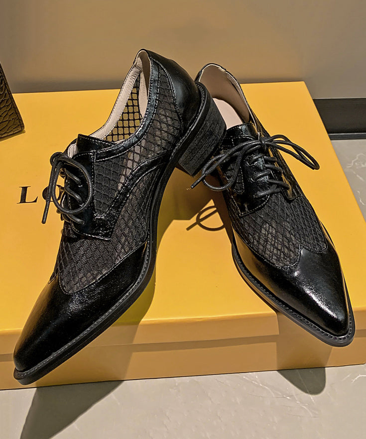 Beige Hollow Out Lace Up Splicing Chunky Shoes Pointed Toe