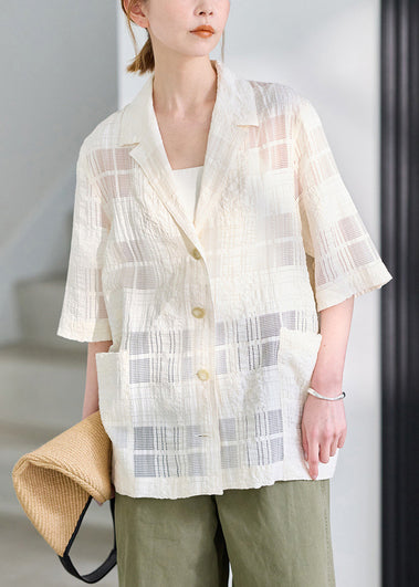 Beige Hollow Out Linen Silk Blouse Top Oversized Summer