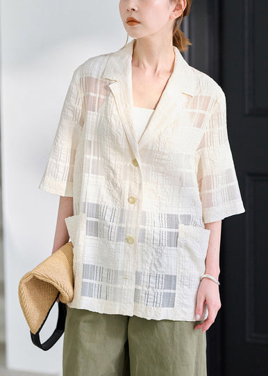Beige Hollow Out Linen Silk Blouse Top Oversized Summer