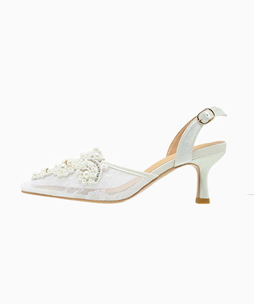 Beige Lace Breathable Nail Bead Splicing High Heels Sandals