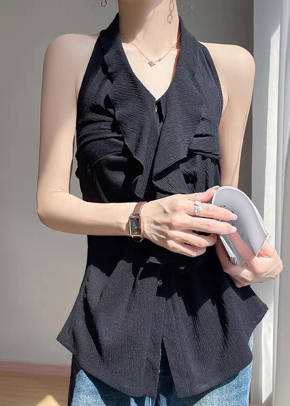 Black Backless Button Cotton Blouses Ruffled Summer