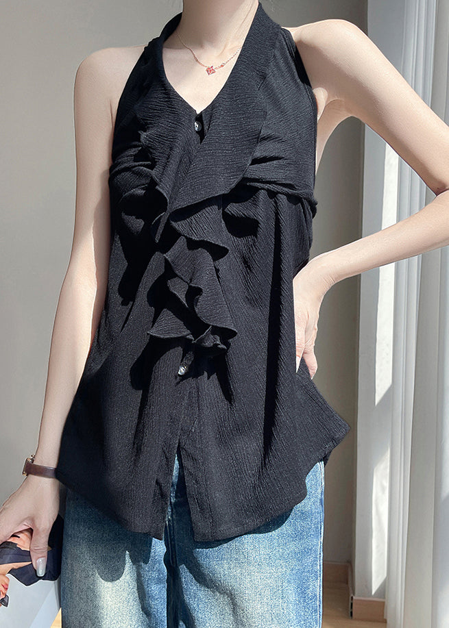 Black Backless Button Cotton Blouses Ruffled Summer