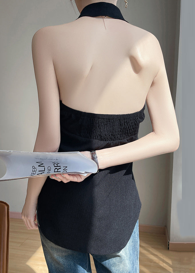 Black Backless Button Cotton Blouses Ruffled Summer