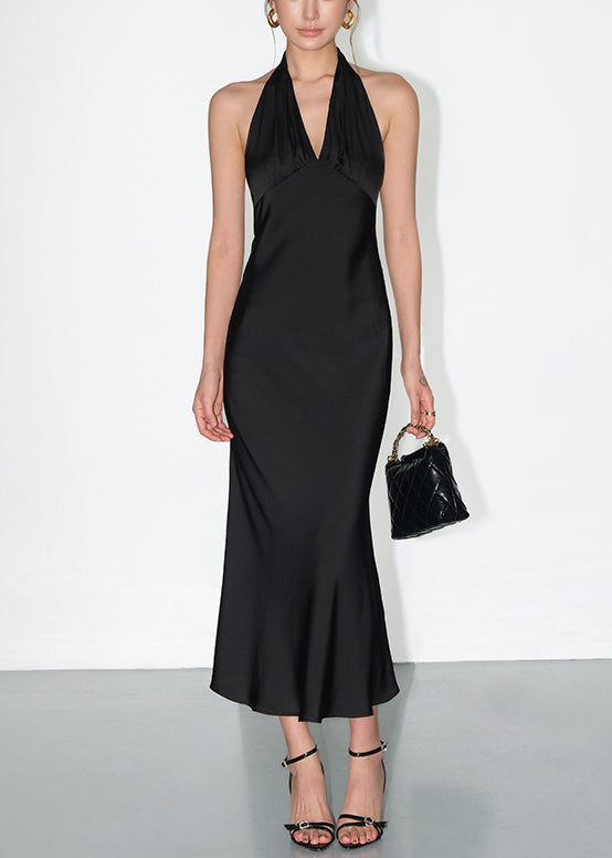 Black Backless Lace Up Silk Long Dress V Neck Summer