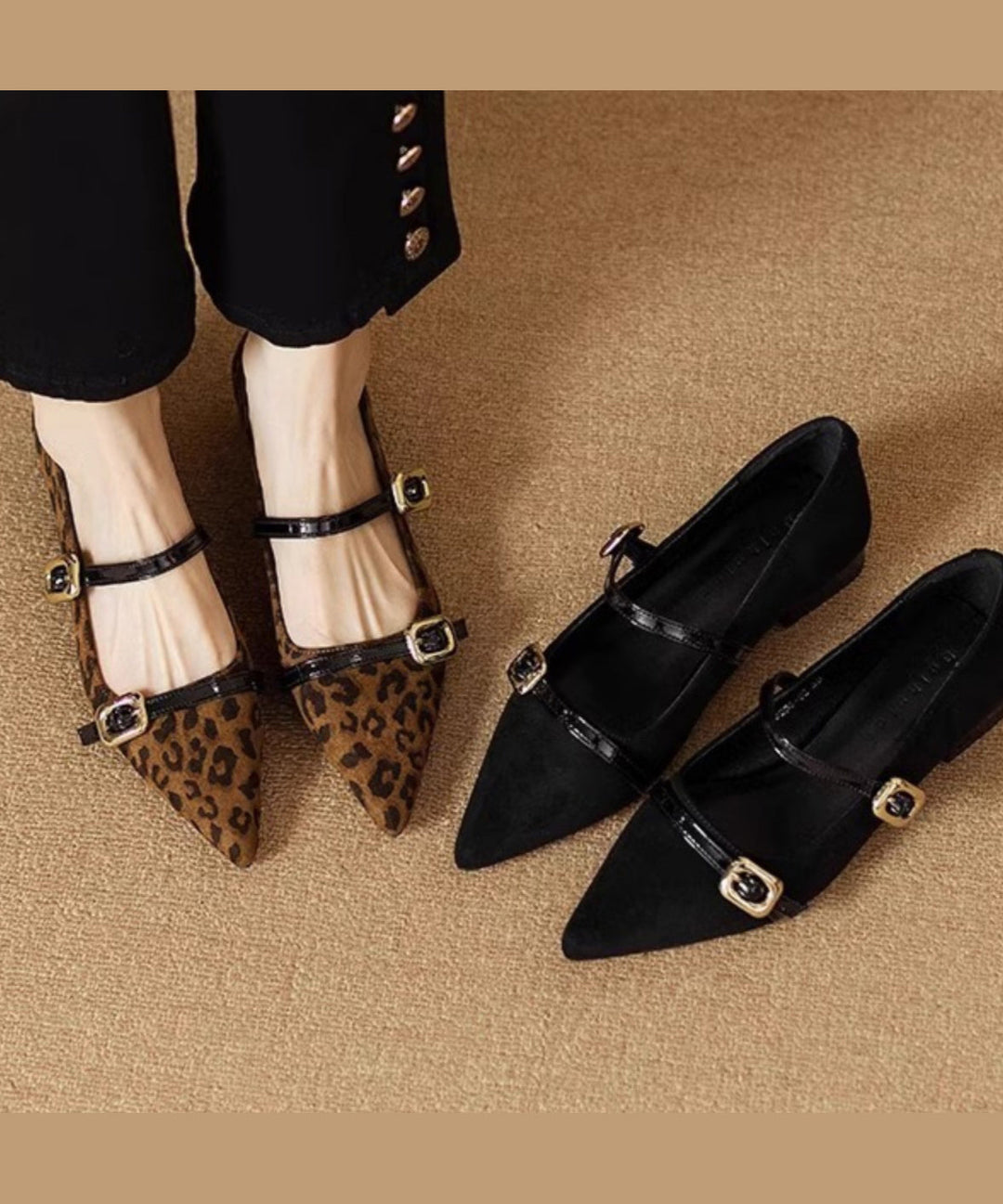 Black Buckle Strap Beautiful Splicing Flat Feet Shoes Pointed Toe