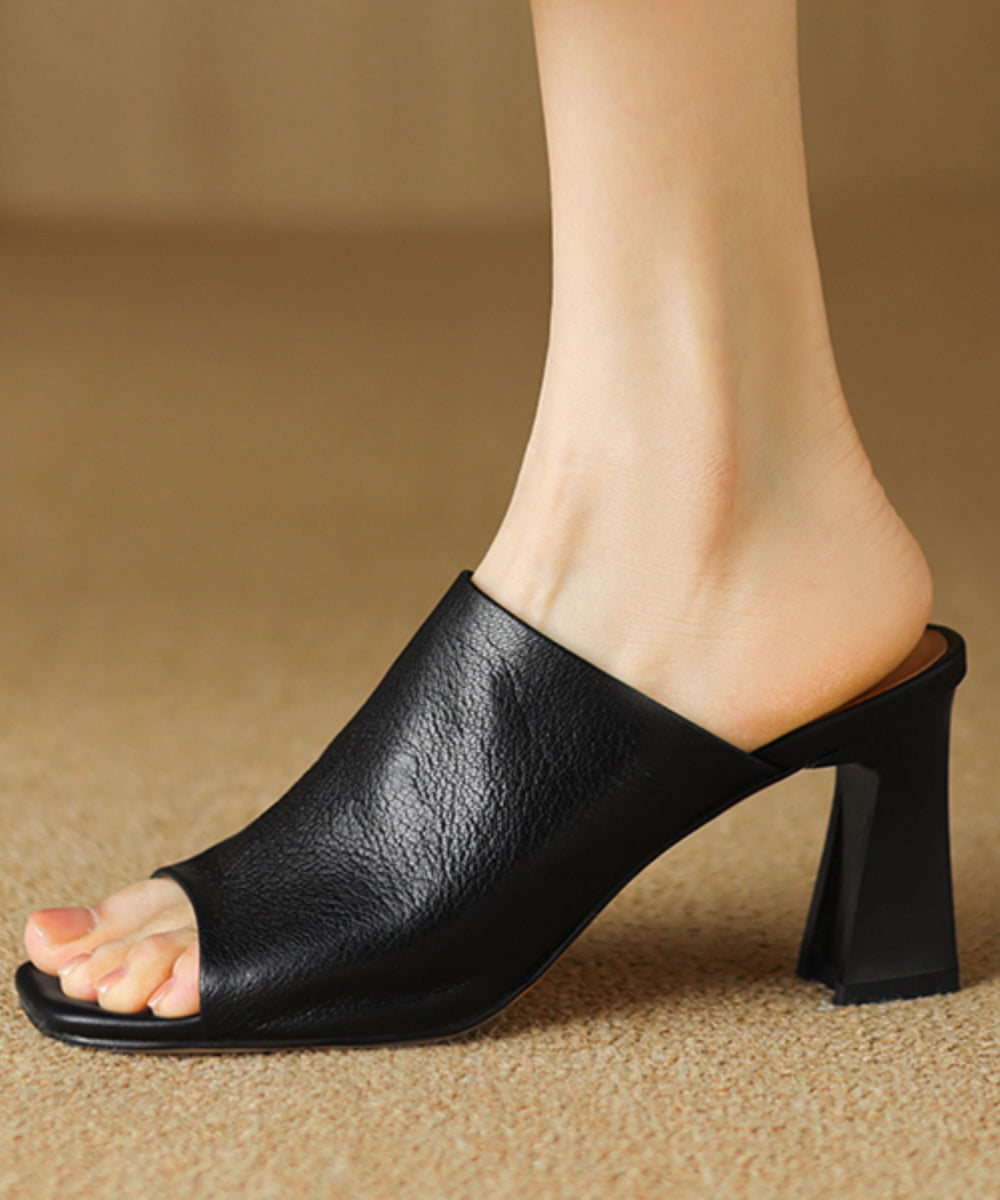 Black Chunky Heel Sheepskin Slide Sandals Peep Toe