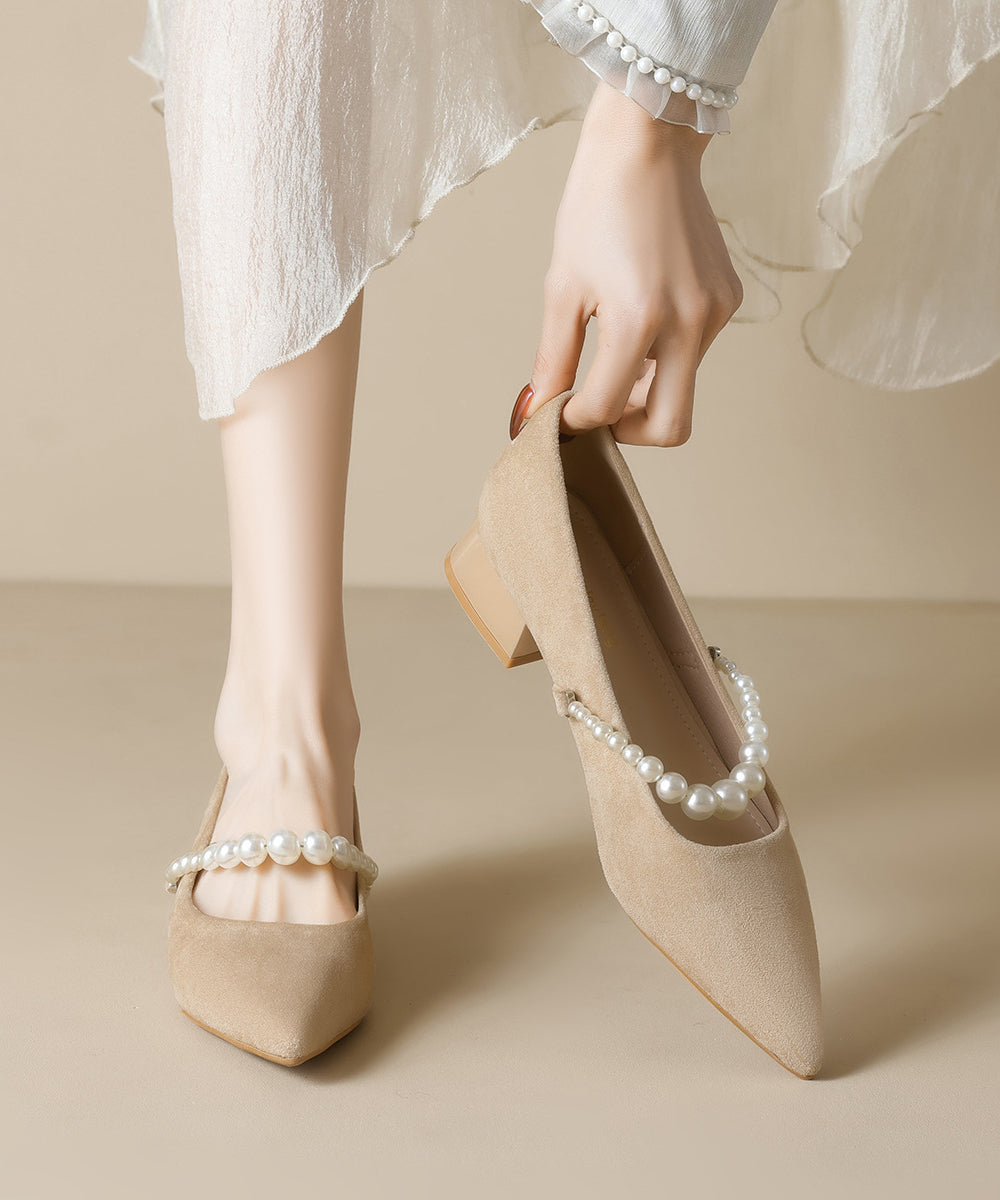 Black Chunky Shoes Suede Classy Pearl Splicing Pointed Toe