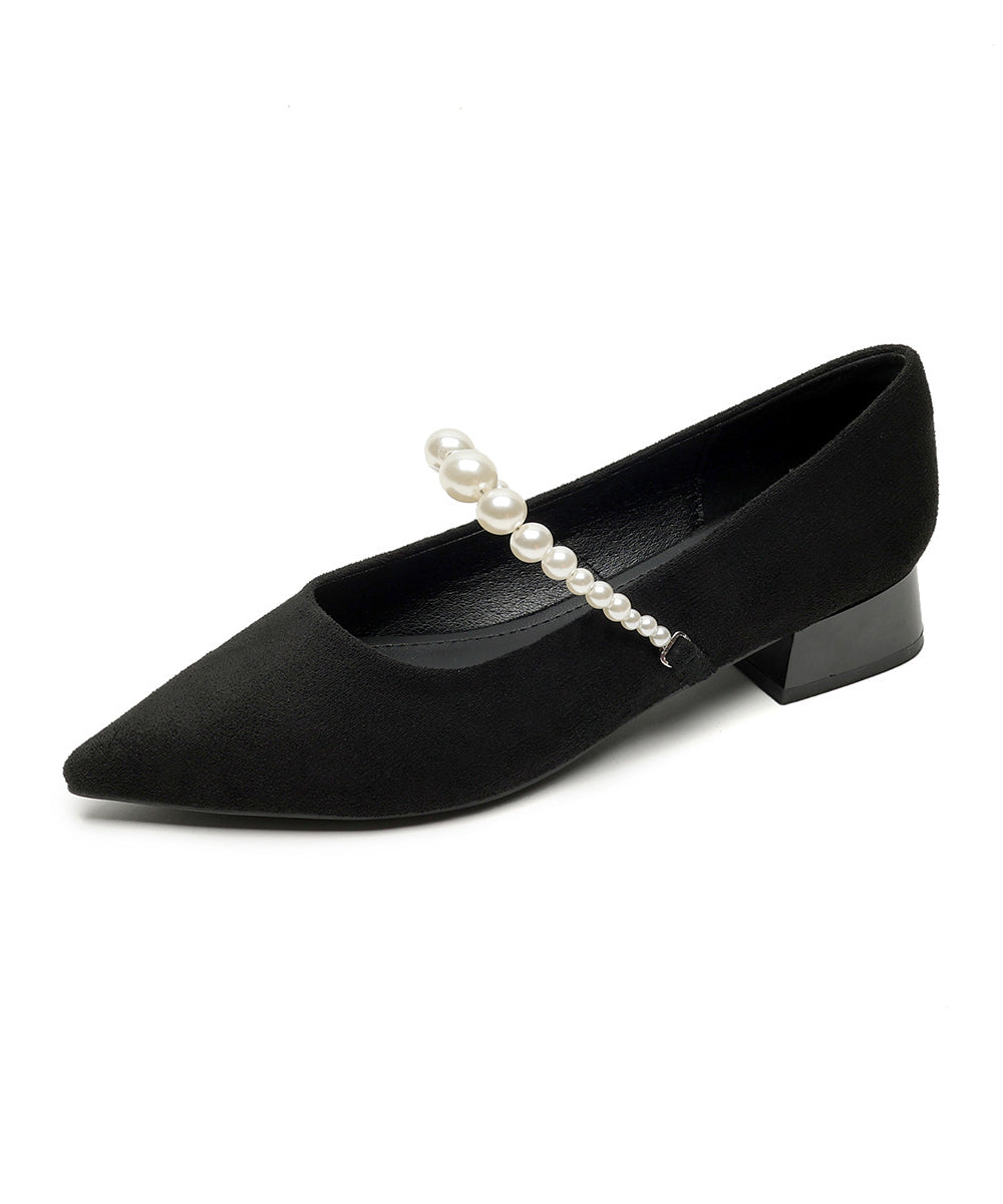 Black Chunky Shoes Suede Classy Pearl Splicing Pointed Toe