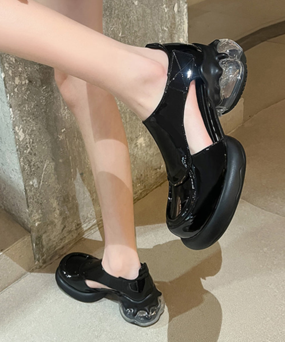 Black Cowhide Leather Platform Loafers Chic Splicing Hollow Out