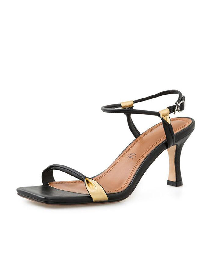 Black Cowhide Leather Sandals Splicing Buckle Strap Peep Toe