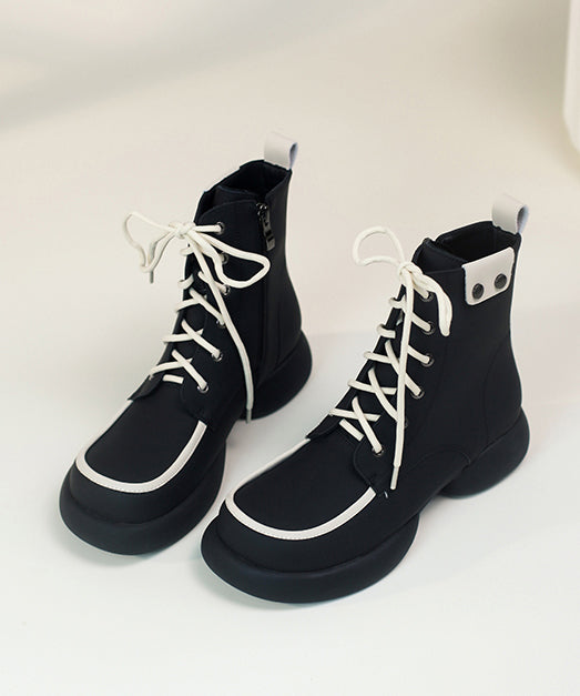 Black Cowhide Leather Splicing Boutique Lace Up Boots