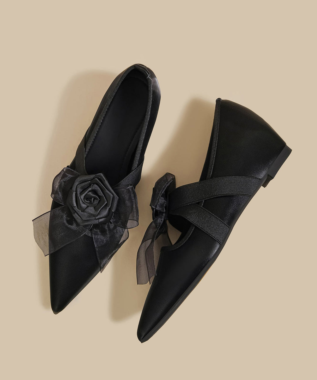 Black Faux Leather Splicing Floral Wedge Shoes Pointed Toe