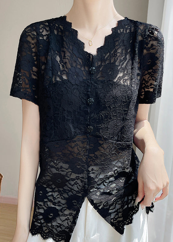 Black Hollow Out Solid Lace Summer Shirt V Neck