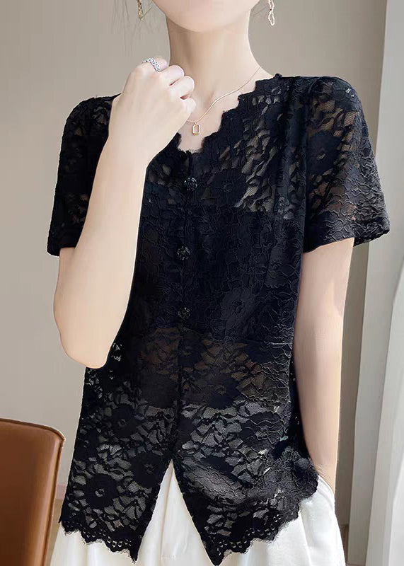 Black Hollow Out Solid Lace Summer Shirt V Neck