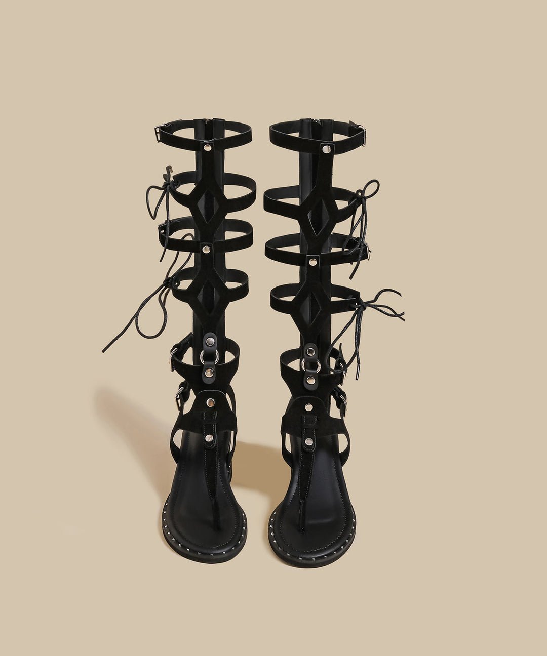 Black Lace Up Splicing Suede Wedge Gladiator Flip Flops