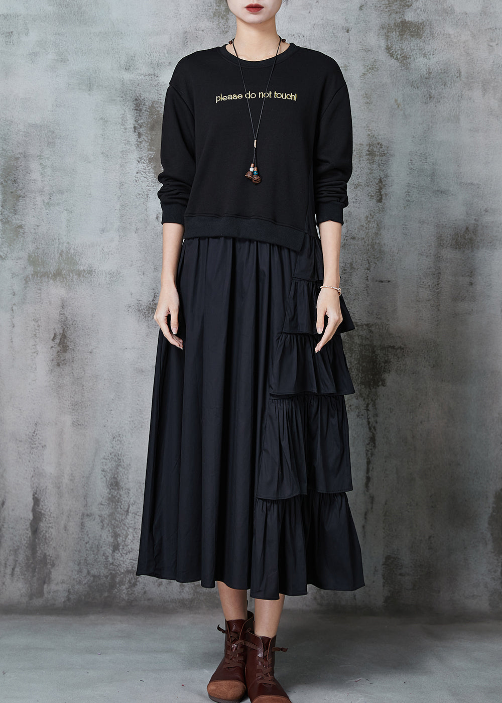 Black Patchwork Cotton Sweatshirt Dress Layered Ruffled Spring