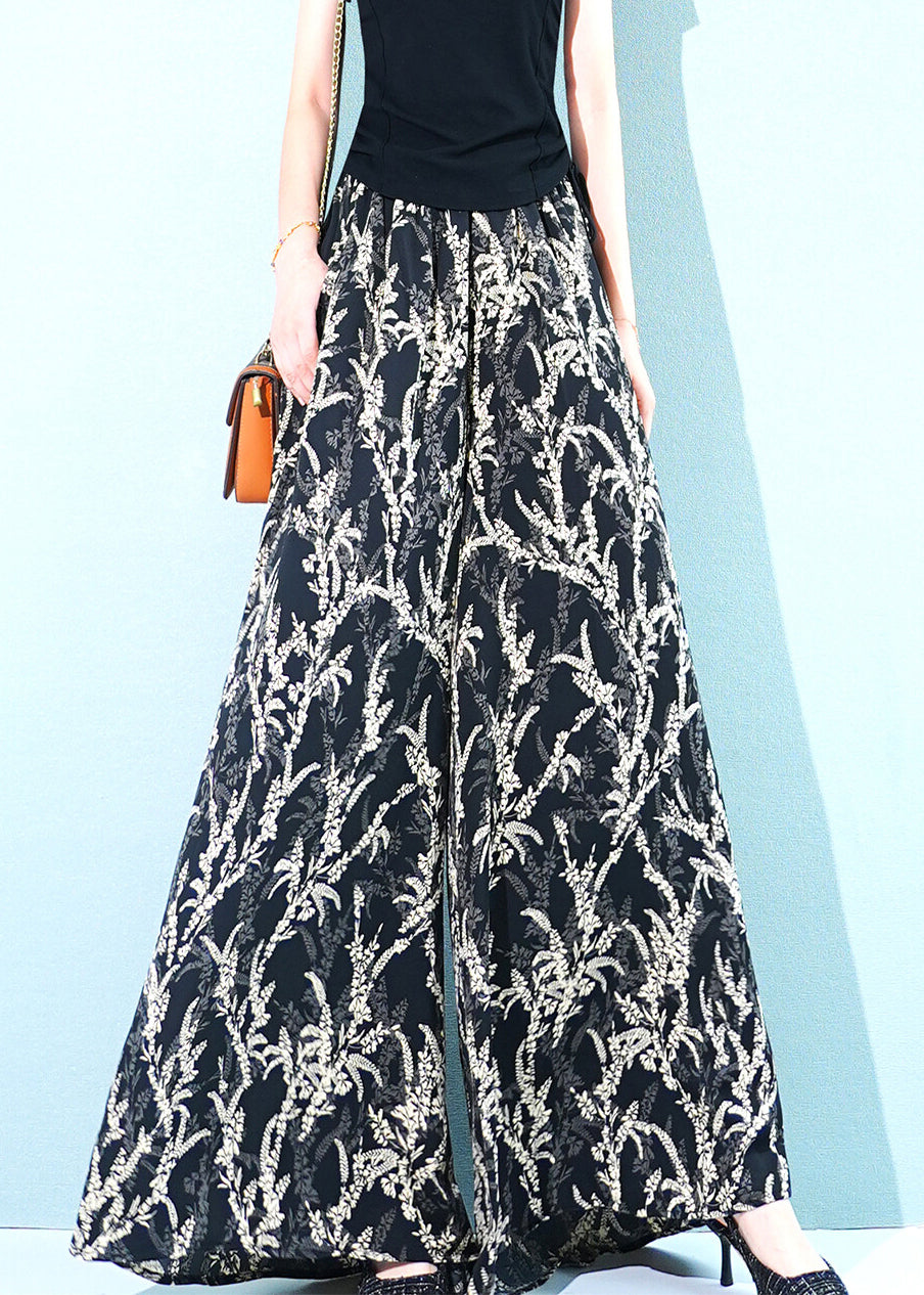 Black Pockets Elastic Waist Ice Silk Wide Leg Pants Print Summer