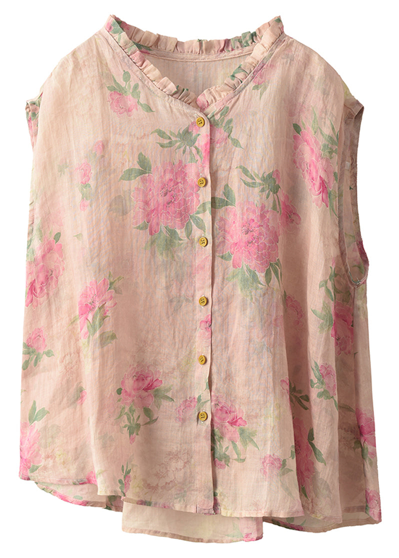 Black Print Linen Beach Vest Ruffled Sleeveless